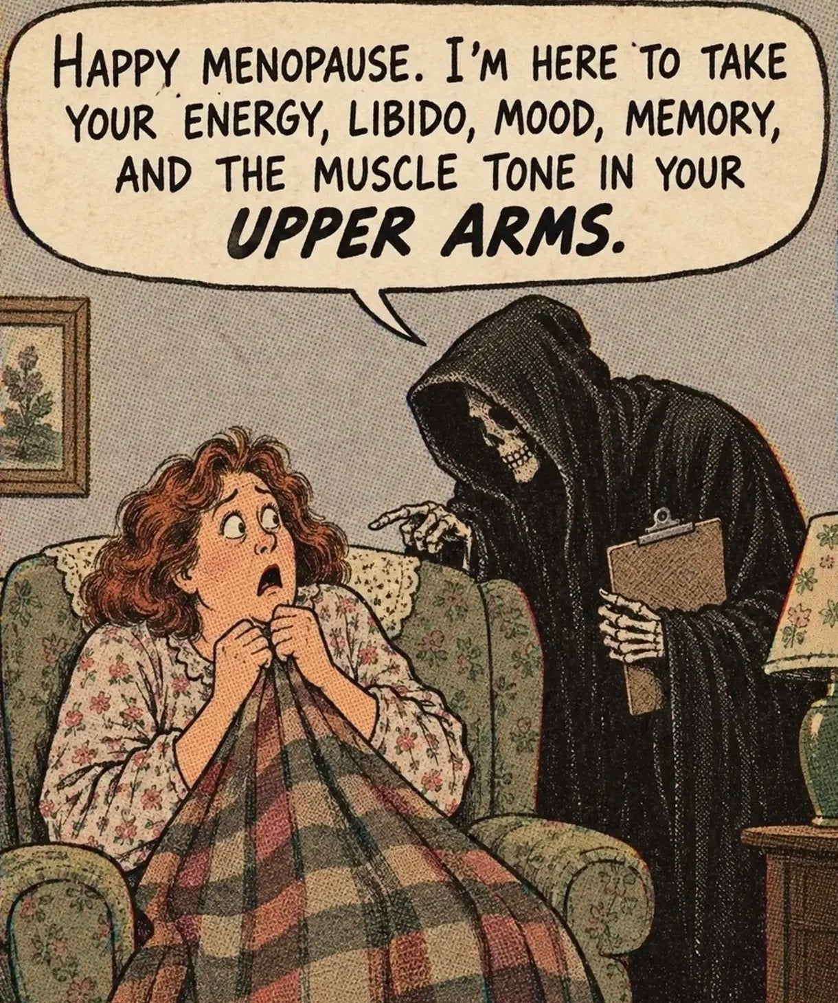 Vintage comic: the Grim Reaper with a clipboard tells a startled woman in an armchair, 