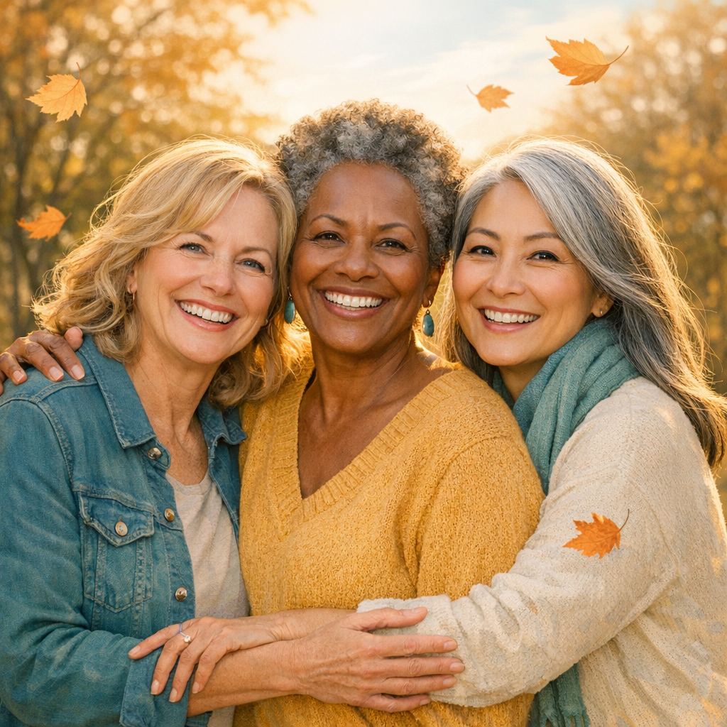 Three smiling women in their 50s and 60s arm in arm in autumn