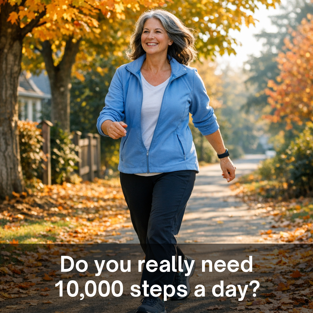 Do you really need 10,000 steps a day? Smiling woman in her 50s walking on an autumn path